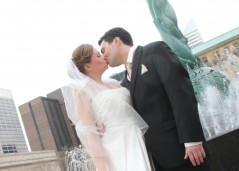 A bride and groom on wedding day.